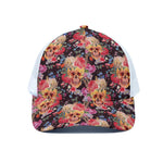 Blossom Peony Skull Pattern Print White Mesh Trucker Cap
