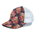Blossom Peony Skull Pattern Print White Mesh Trucker Cap