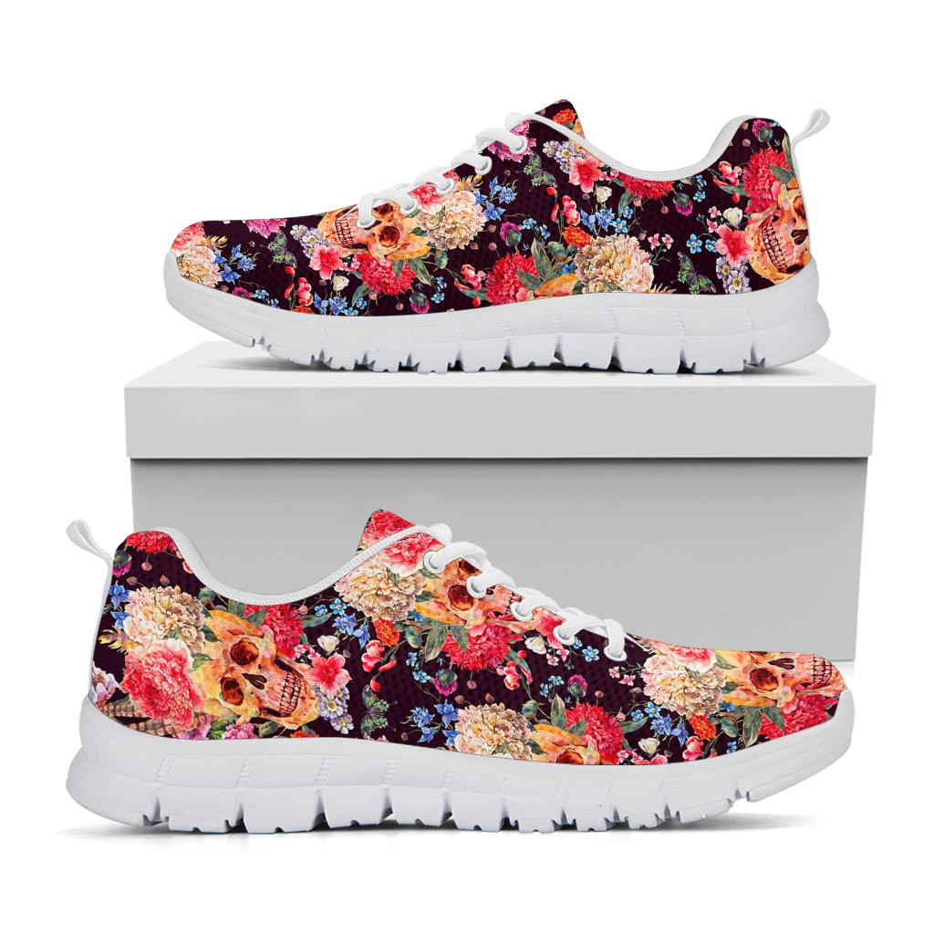 Blossom Peony Skull Pattern Print White Running Shoes