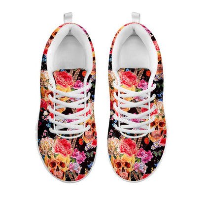 Blossom Peony Skull Pattern Print White Running Shoes