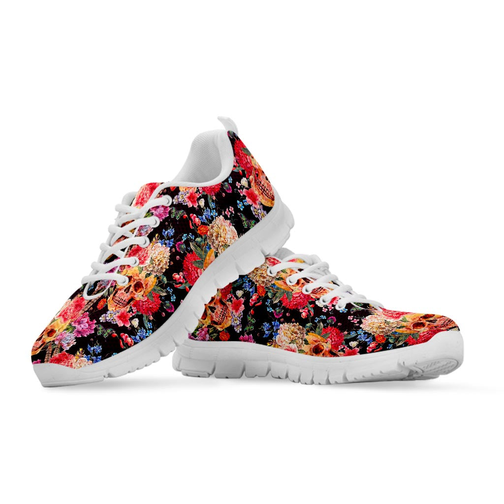 Blossom Peony Skull Pattern Print White Running Shoes