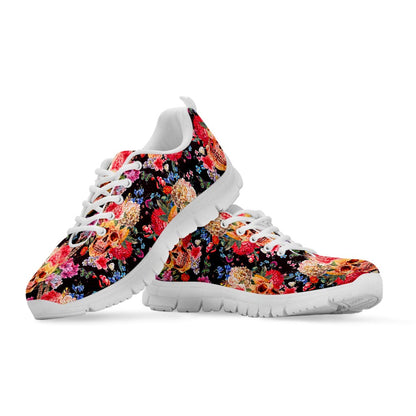 Blossom Peony Skull Pattern Print White Running Shoes
