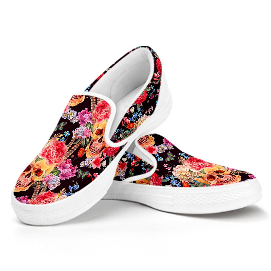 Blossom Peony Skull Pattern Print White Slip On Sneakers