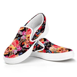 Blossom Peony Skull Pattern Print White Slip On Sneakers