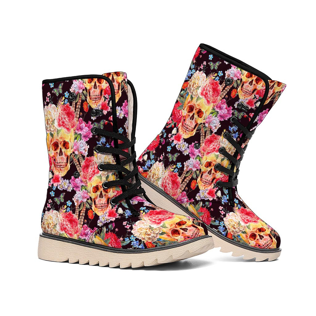 Blossom Peony Skull Pattern Print Winter Boots