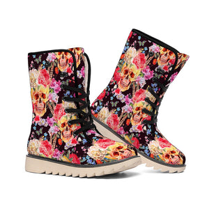 Blossom Peony Skull Pattern Print Winter Boots