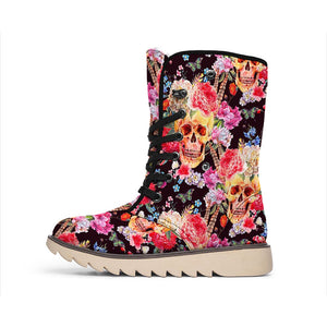 Blossom Peony Skull Pattern Print Winter Boots