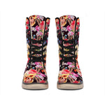 Blossom Peony Skull Pattern Print Winter Boots