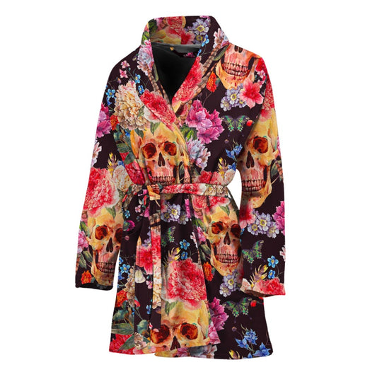 Blossom Peony Skull Pattern Print Women's Bathrobe