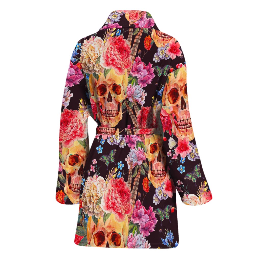 Blossom Peony Skull Pattern Print Women's Bathrobe
