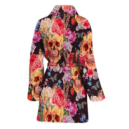 Blossom Peony Skull Pattern Print Women's Bathrobe