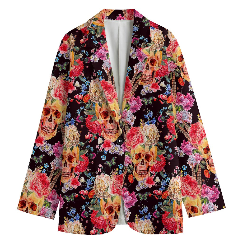 Blossom Peony Skull Pattern Print Women's Blazer