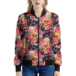 Blossom Peony Skull Pattern Print Women's Bomber Jacket