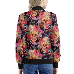 Blossom Peony Skull Pattern Print Women's Bomber Jacket