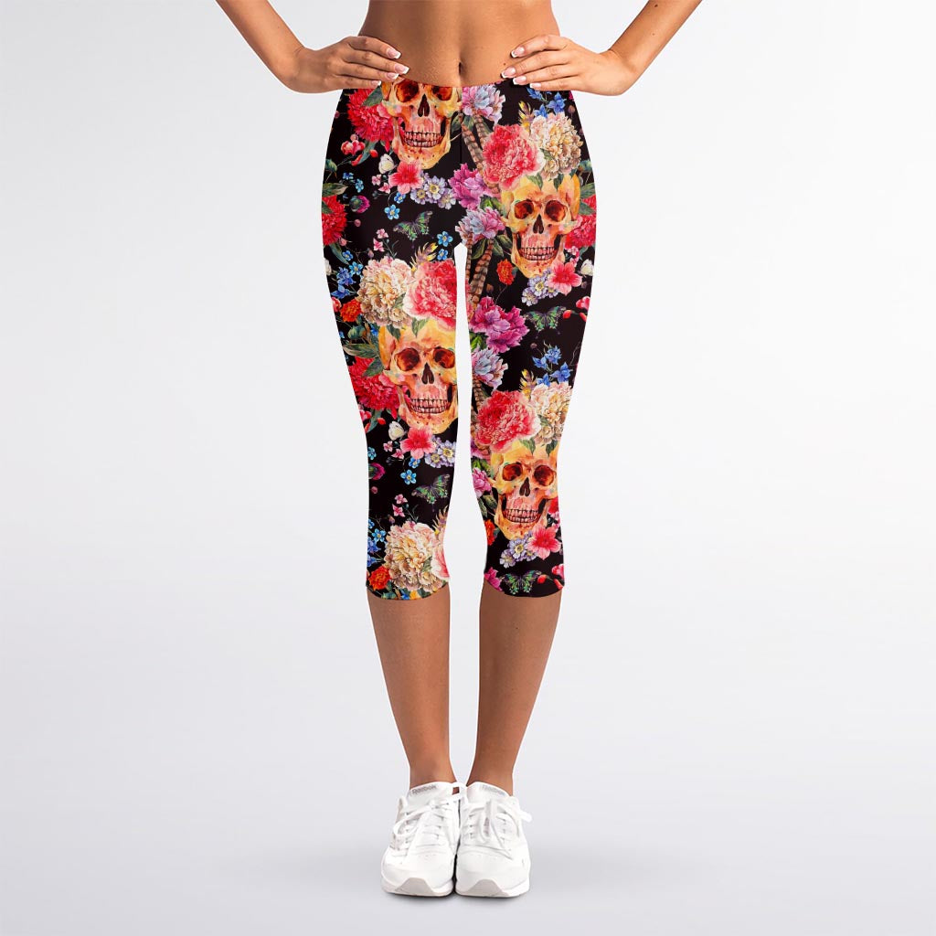 Blossom Peony Skull Pattern Print Women's Capri Leggings