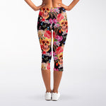 Blossom Peony Skull Pattern Print Women's Capri Leggings