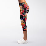 Blossom Peony Skull Pattern Print Women's Capri Leggings