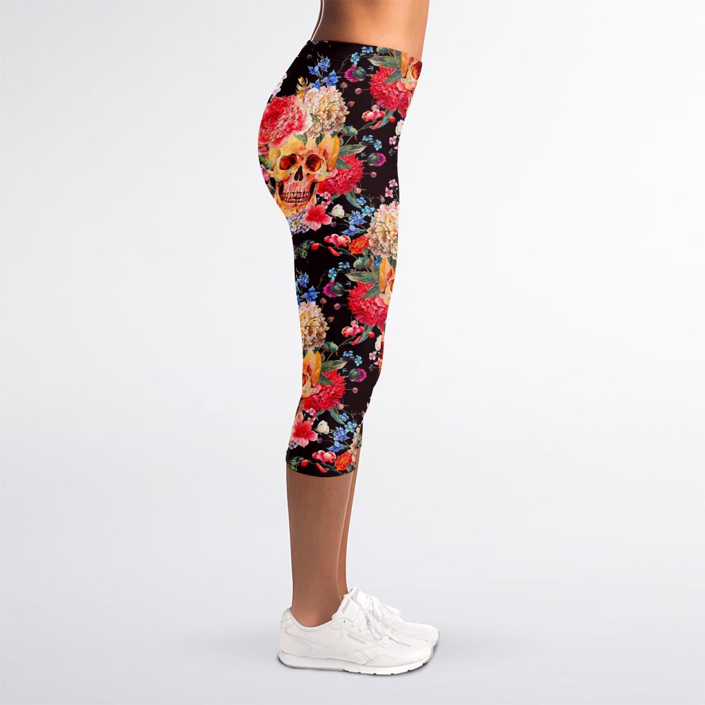 Blossom Peony Skull Pattern Print Women's Capri Leggings