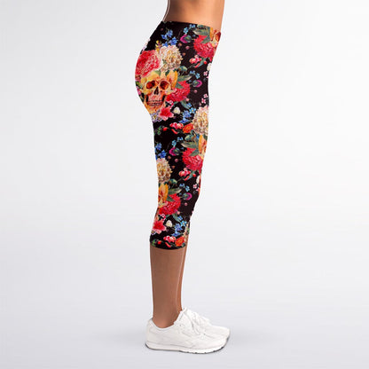 Blossom Peony Skull Pattern Print Women's Capri Leggings