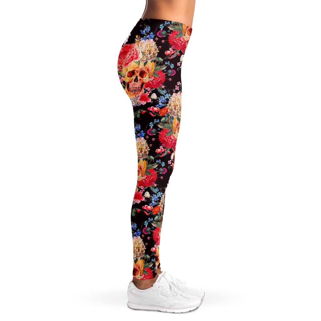 Blossom Peony Skull Pattern Print Women's Leggings