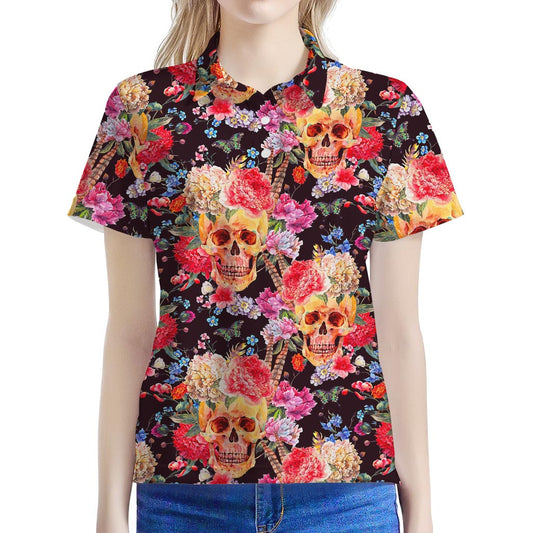 Blossom Peony Skull Pattern Print Women's Polo Shirt