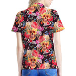 Blossom Peony Skull Pattern Print Women's Polo Shirt