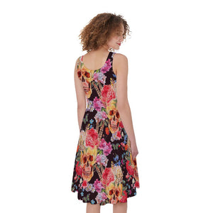 Blossom Peony Skull Pattern Print Women's Sleeveless Dress