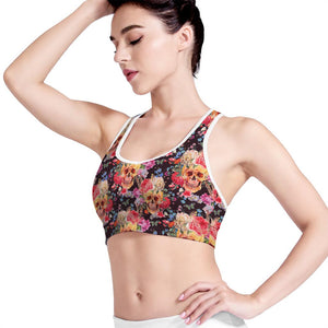 Blossom Peony Skull Pattern Print Women's Sports Bra