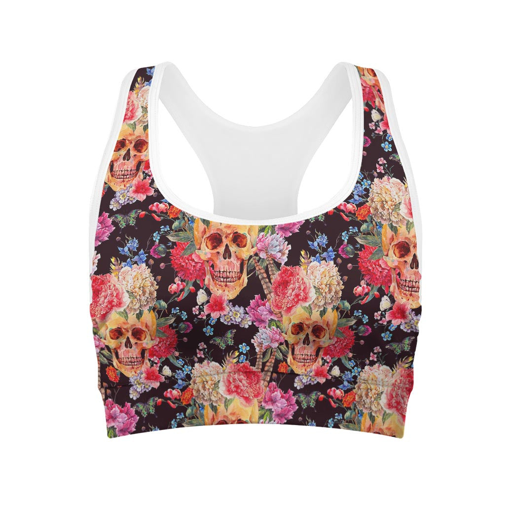 Blossom Peony Skull Pattern Print Women's Sports Bra