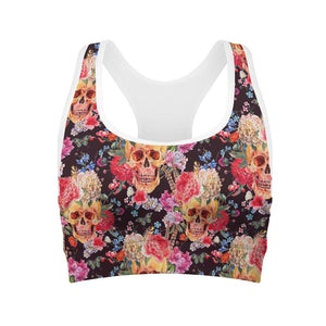 Blossom Peony Skull Pattern Print Women's Sports Bra