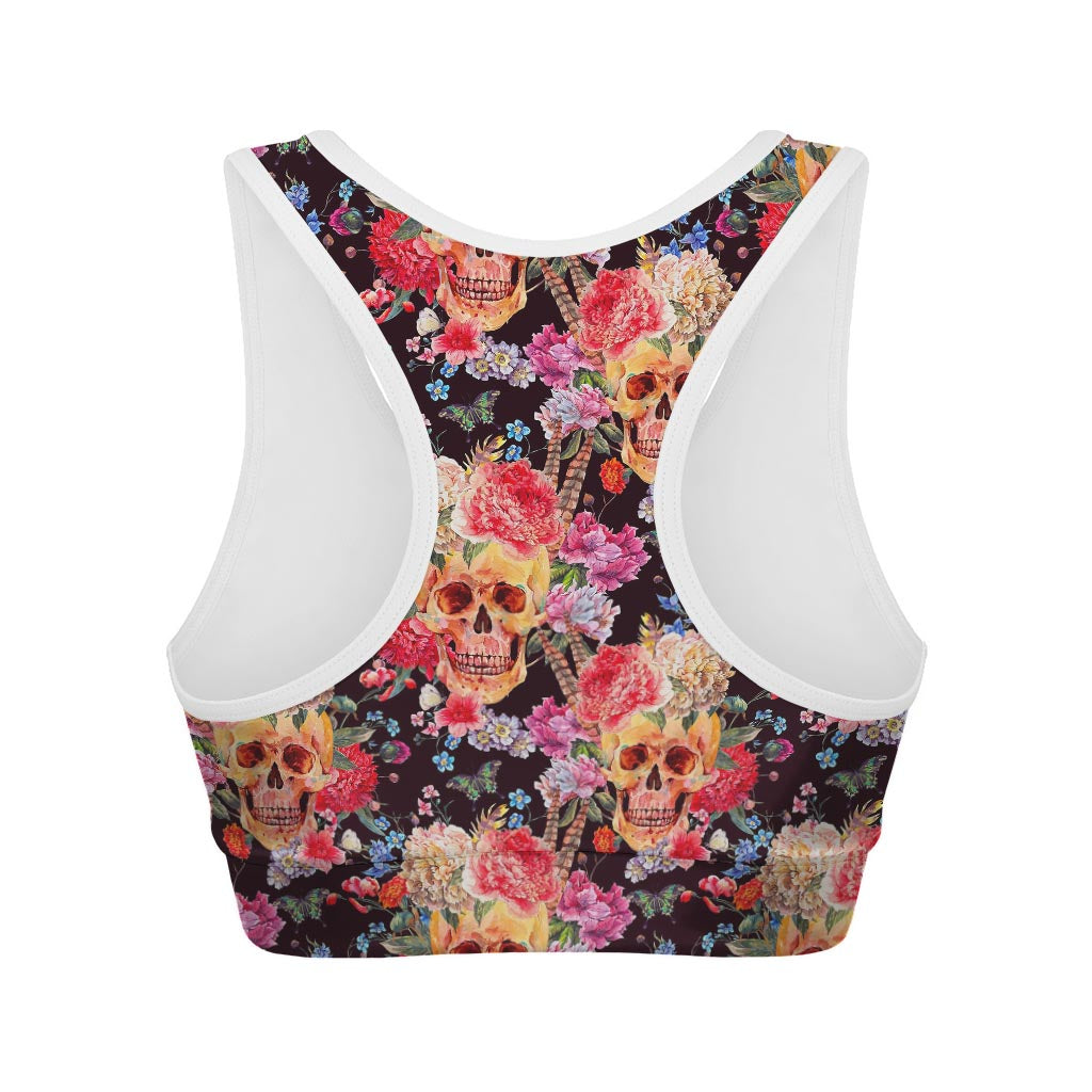 Blossom Peony Skull Pattern Print Women's Sports Bra