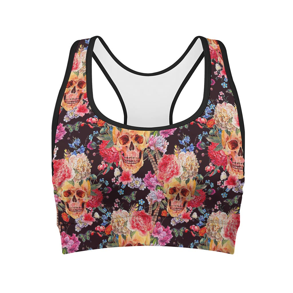 Blossom Peony Skull Pattern Print Women's Sports Bra