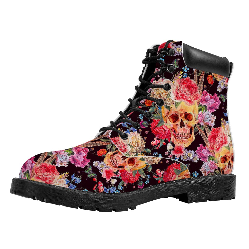 Blossom Peony Skull Pattern Print Work Boots