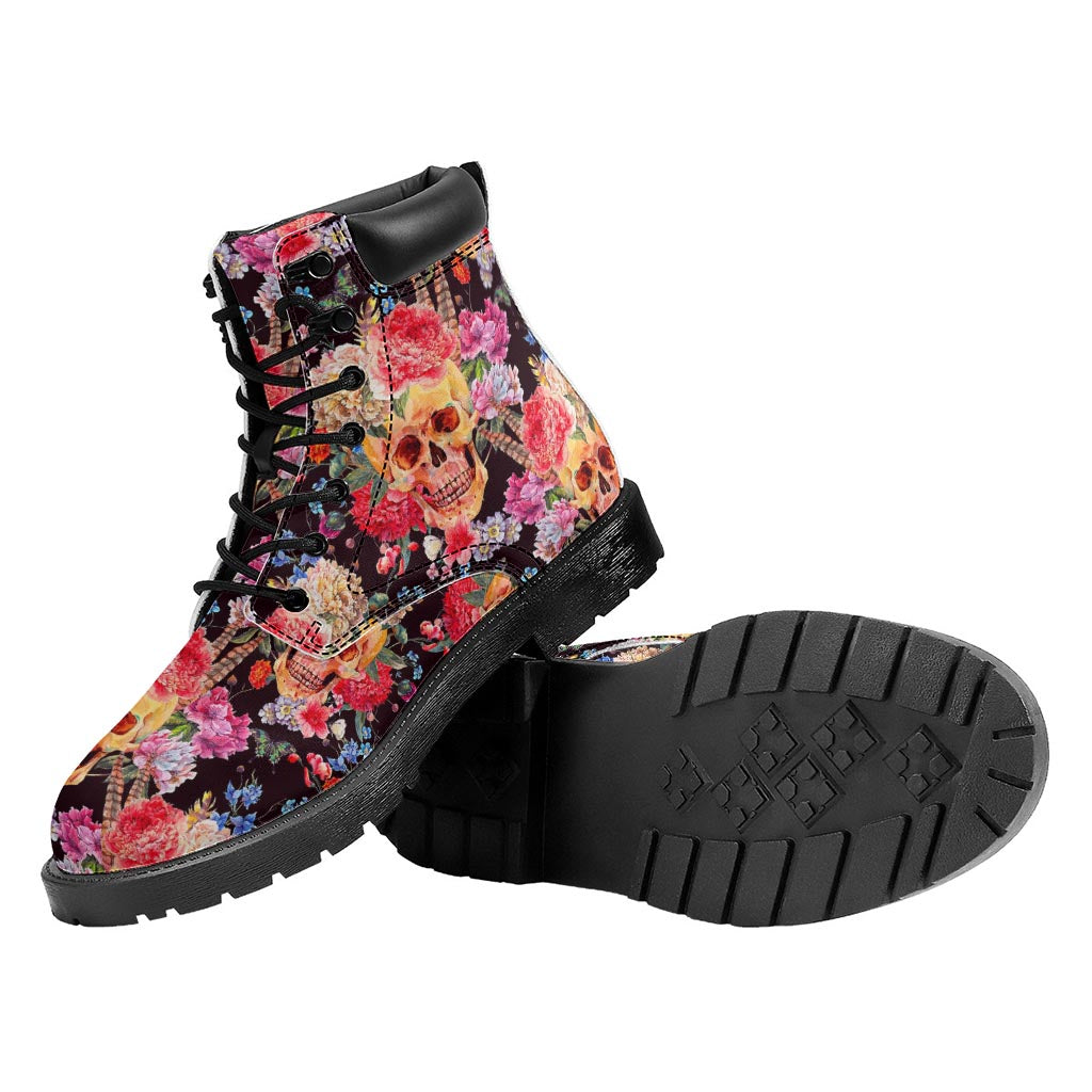 Blossom Peony Skull Pattern Print Work Boots