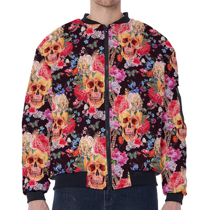 Blossom Peony Skull Pattern Print Zip Sleeve Bomber Jacket