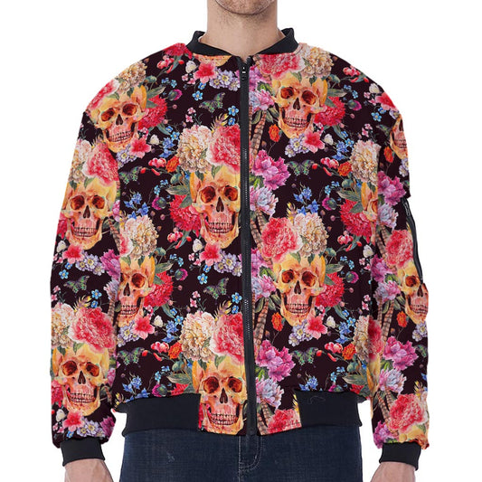 Blossom Peony Skull Pattern Print Zip Sleeve Bomber Jacket