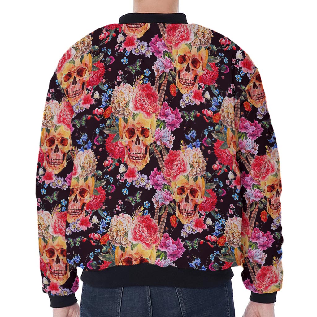 Blossom Peony Skull Pattern Print Zip Sleeve Bomber Jacket