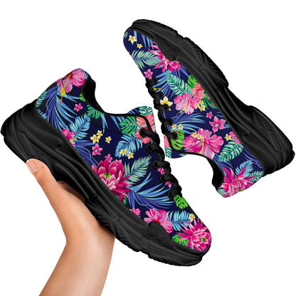 Blossom Tropical Flower Pattern Print Black Chunky Shoes