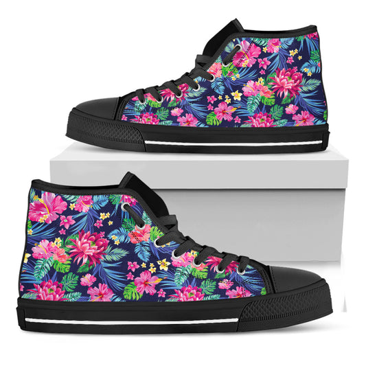 Blossom Tropical Flower Pattern Print Black High Top Sneakers