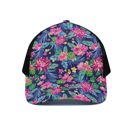 Blossom Tropical Flower Pattern Print Black Mesh Trucker Cap