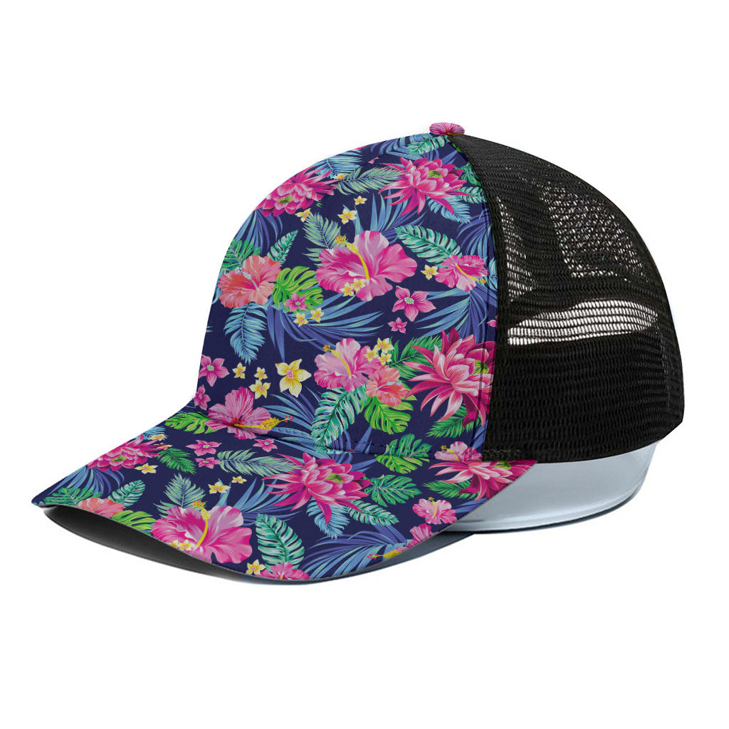 Blossom Tropical Flower Pattern Print Black Mesh Trucker Cap