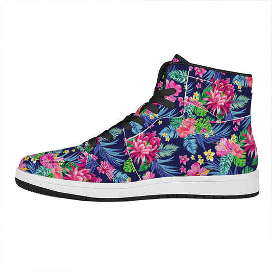 Blossom Tropical Flower Pattern Print High Top Leather Sneakers