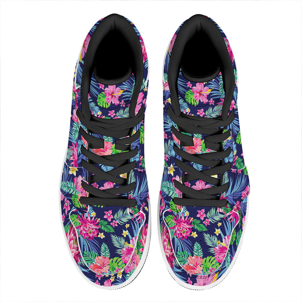 Blossom Tropical Flower Pattern Print High Top Leather Sneakers