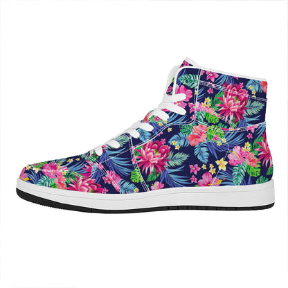 Blossom Tropical Flower Pattern Print High Top Leather Sneakers