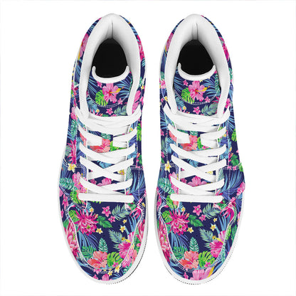 Blossom Tropical Flower Pattern Print High Top Leather Sneakers