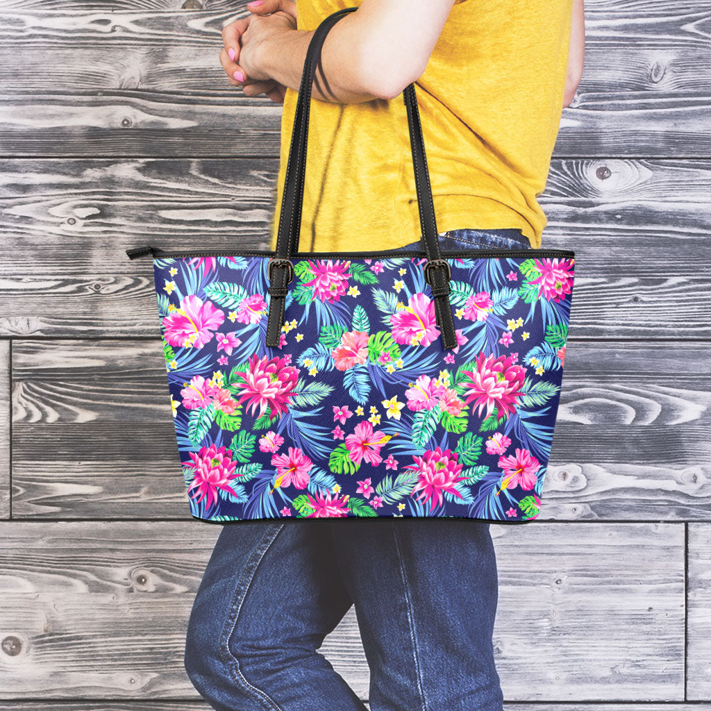 Blossom Tropical Flower Pattern Print Leather Tote Bag