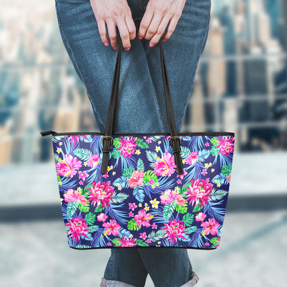 Blossom Tropical Flower Pattern Print Leather Tote Bag