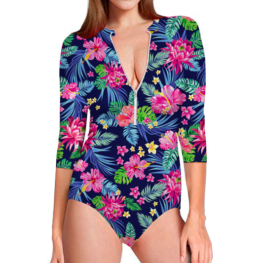 Blossom Tropical Flower Pattern Print Long Sleeve Swimsuit
