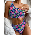 Blossom Tropical Flower Pattern Print One Shoulder Bikini Set