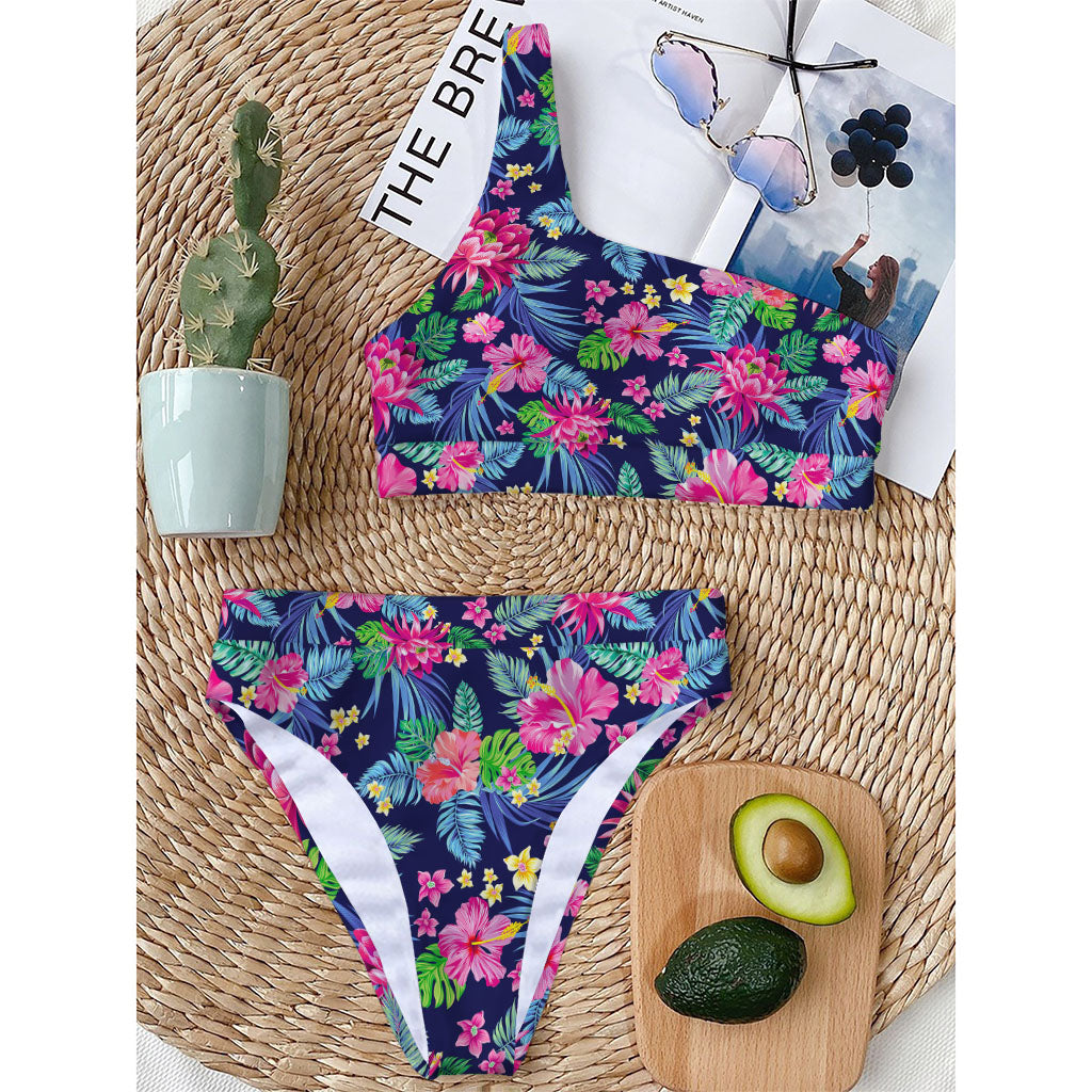 Blossom Tropical Flower Pattern Print One Shoulder Bikini Top